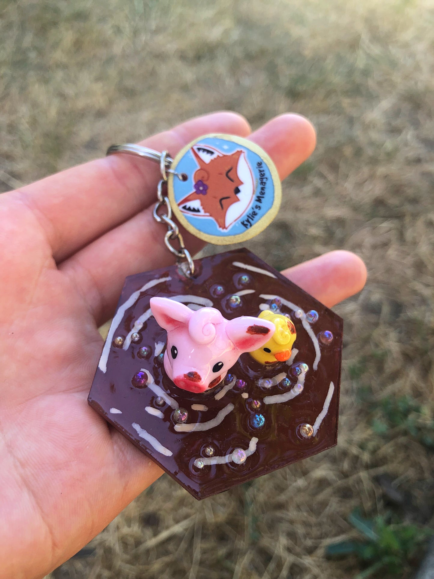Pig and duck polymer clay resin keychain art