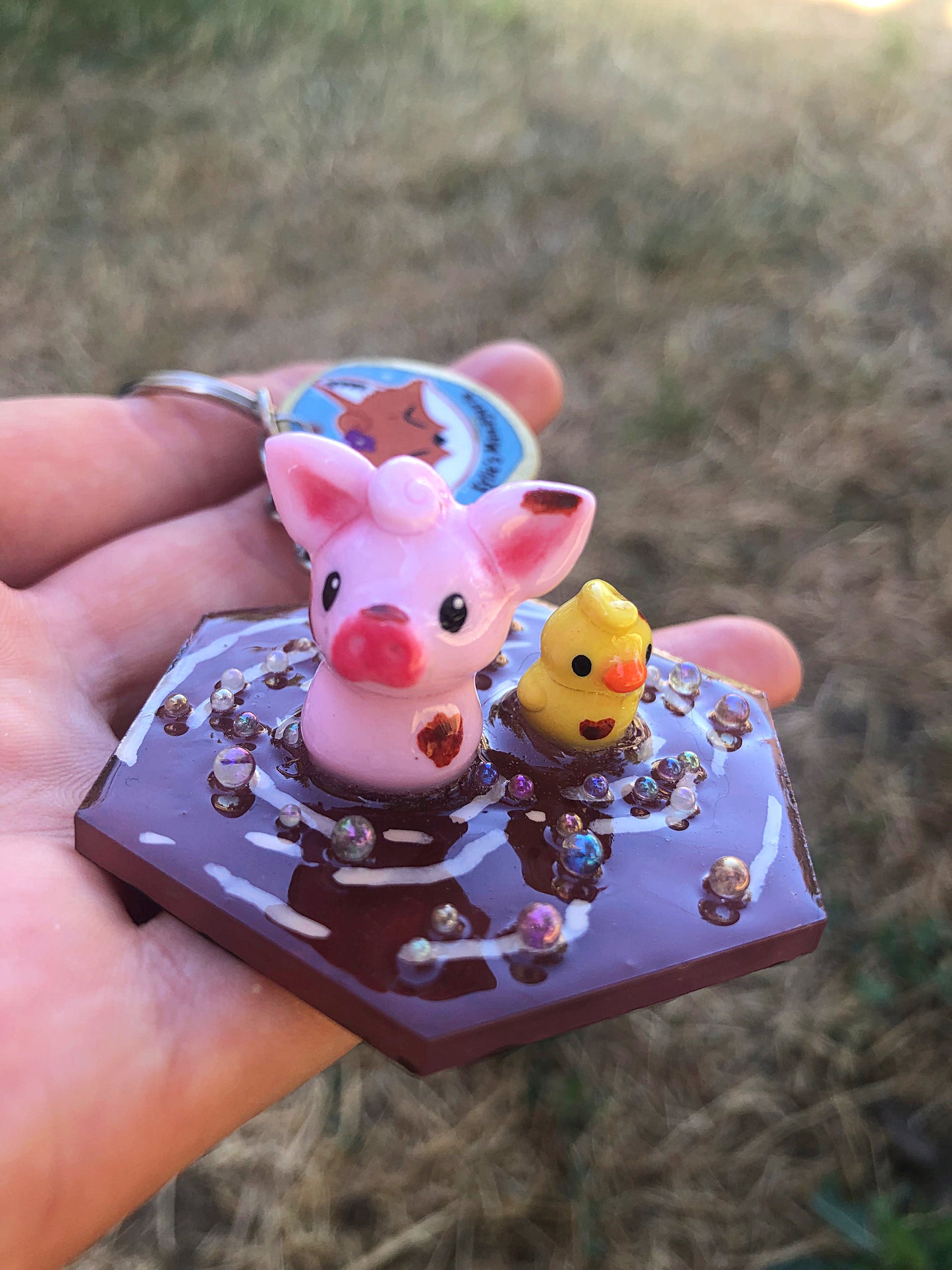 Pig and duck polymer clay resin keychain art
